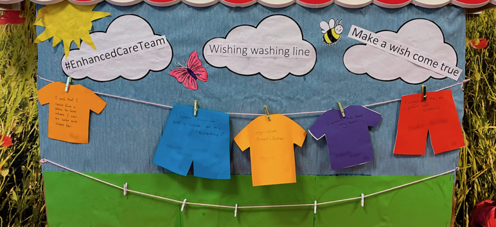 Washing line with patient wishes clipped onto it.