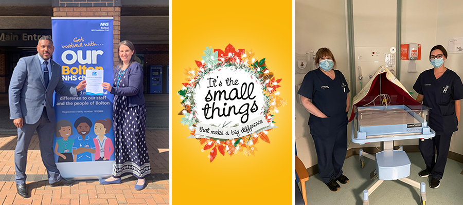 Montage picture showing The Apprentice's Aaron Willis with charity manager Sarah Skinner, the small things logo graphic and two members of staff stood with the new neonatal twin cot
