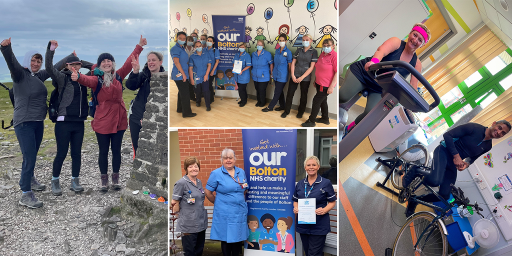 Montage of Bolton NHS Foundation Trust fundraising for charity on a Yorkshire peak, cycling on a ward and two teams receiving certificates of thanks