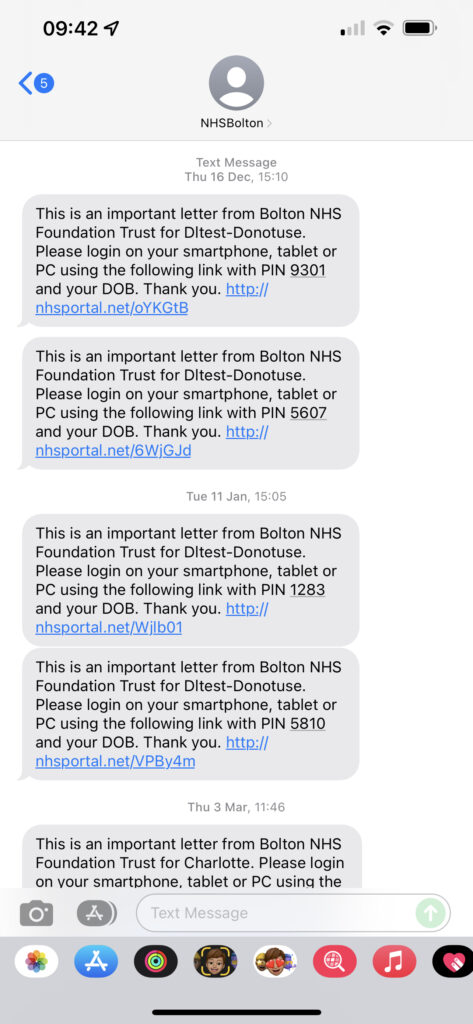 Example text messages showing letter link