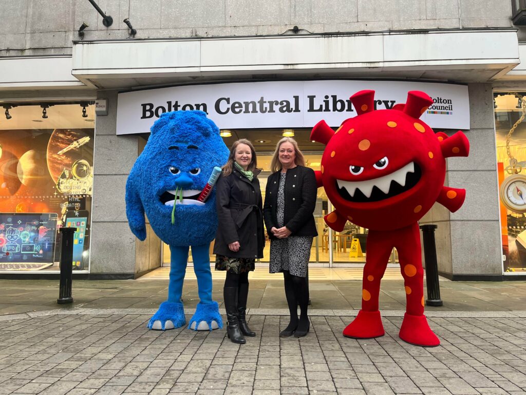 Lynn Donkin (left), interim director of public health, Bolton Council, and Lesley Hardman, senior responsible officer for the Covid vaccination programme in Bolton, with the gruesome twosome.