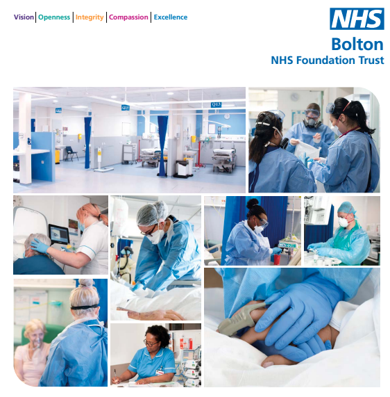 Montage graphic showing nine images of Bolton NHS Foundation Trust staff working in various clinical settings