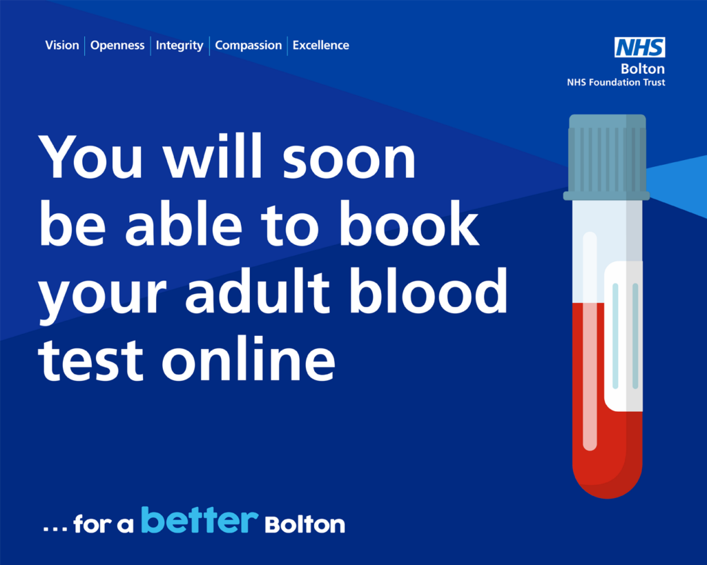 Graphic reading 'you will soon be able to book your adult blood test online' with a graphic of a test tub with blood in it