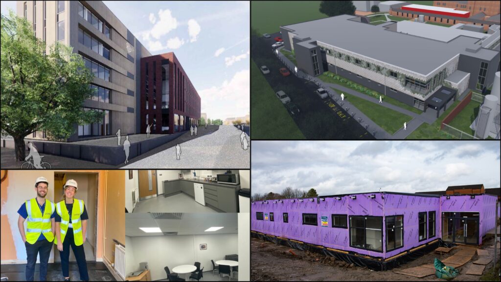 Montage showing an artist impression of the Bolton College of Medical Sciences build, an artist impression of new modular theatres, a picture of the current state of the theatre build, and a montage picture of the new doctors' mess