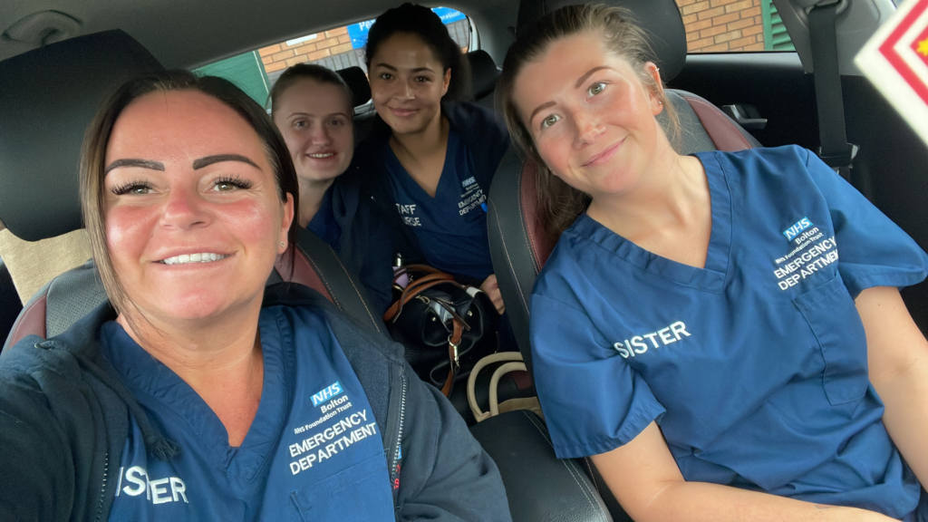Four nurses in one car as part of Bolton NHS Foundation Trust sustainability