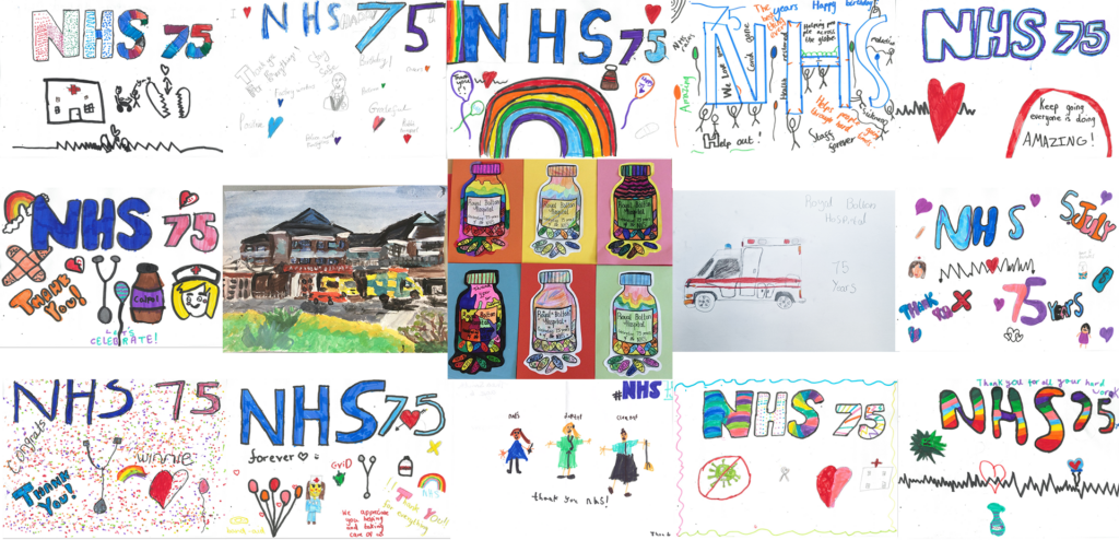 A montage showing 15 posters Bolton schoolchildren have designed for an NHS competition to celebrate the organisation's 75th birthday