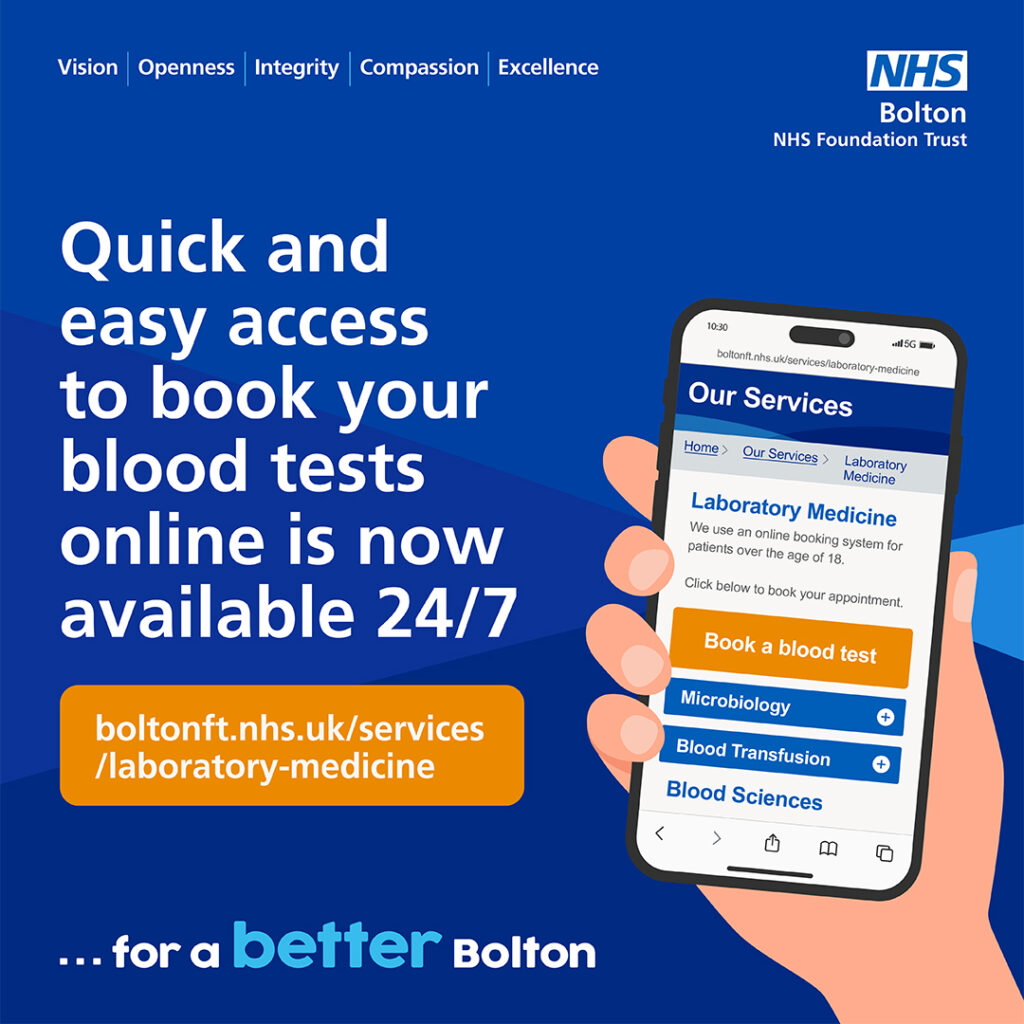 Graphic reads: Quick and easy access to book your blood tests online is available 24/7