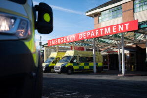 Ambulances parked outside the entrance of Royal Bolton Hospital's Emergency Department