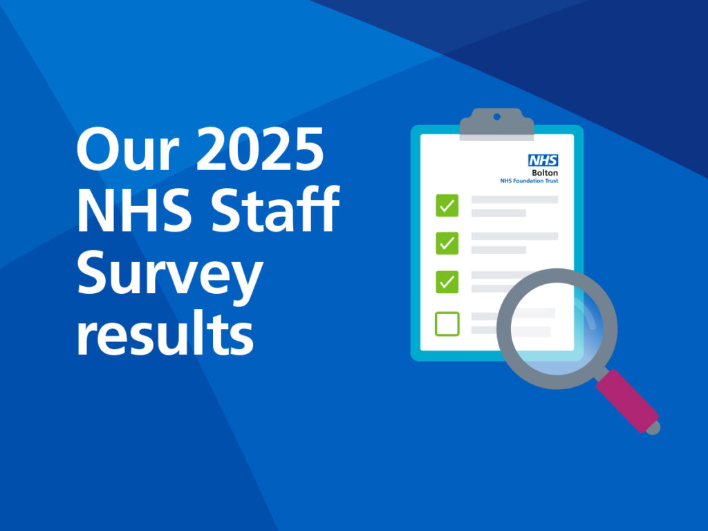 Graphic says Our 2025 NHS Staff Survey results with a page and magnify glass icon