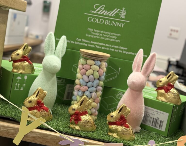 Golden Lindt chocolate bunnies on an Easter display in the Neonatal Unit