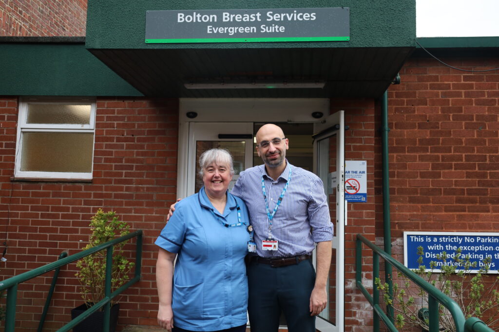 Annette and Pikoulas outside the Breast Unit