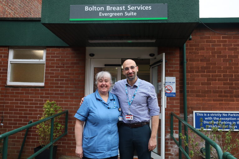 Annette and Pikoulas outside the Breast Unit