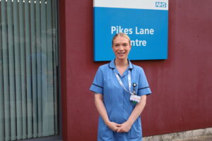 Community nurse Claire Wright stands outside Pikes Lane Centre for a picture