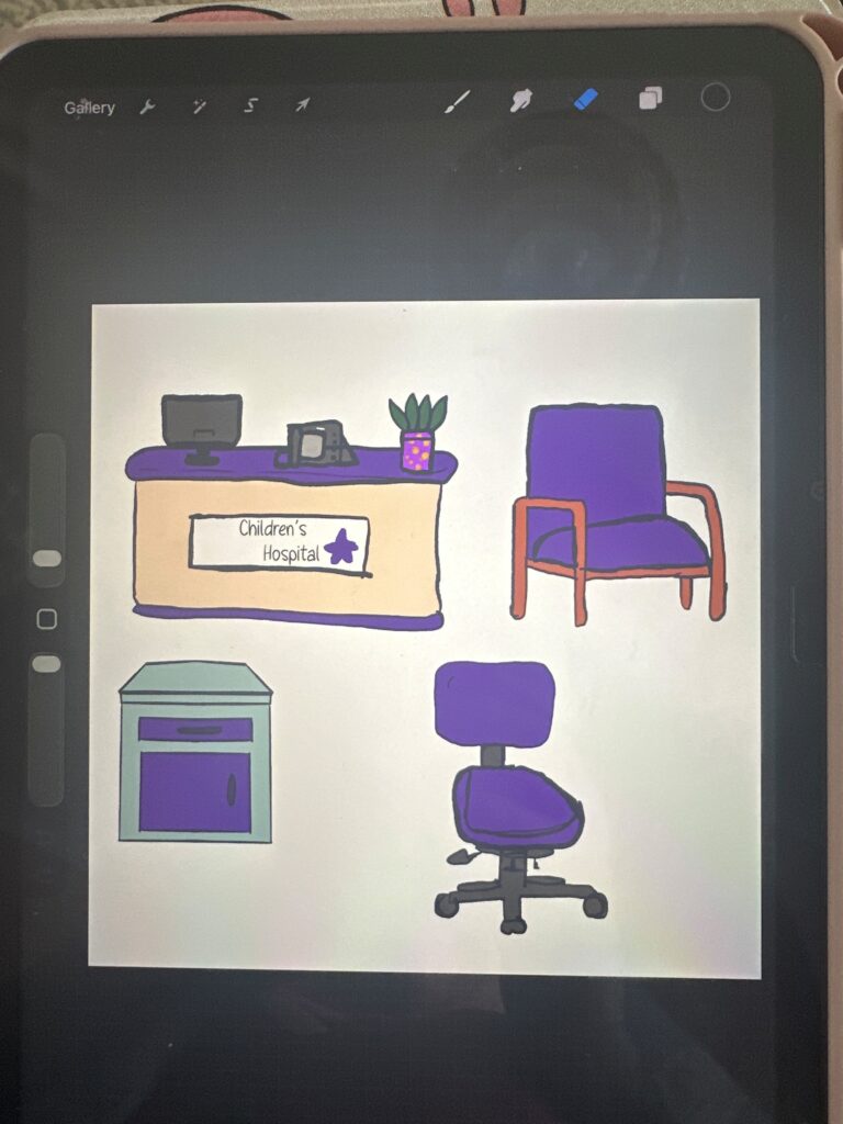 A picture of Holly's drawings, including a desk and chairs