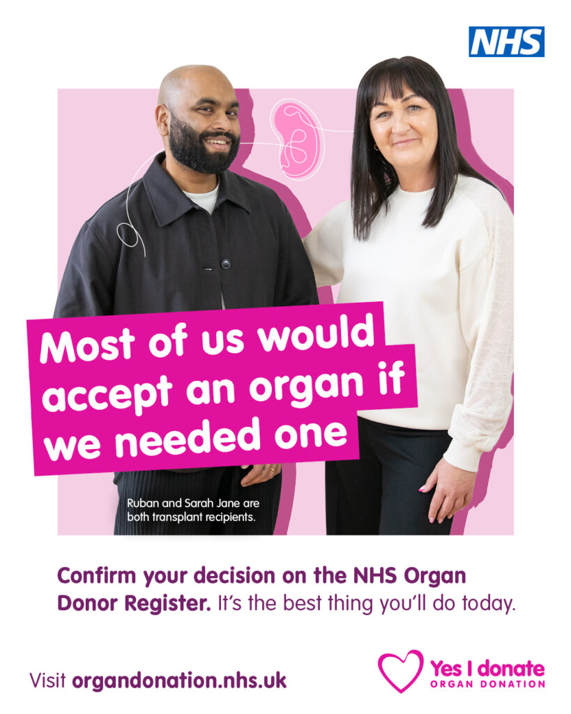 Graphic featuring two people and text that reads 'Most of us would accept an organ if we needed one'