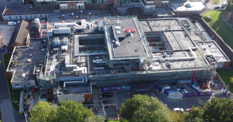 An aerial view of the Maternity and Women's Health Unit and Royal Bolton Hospital as construction continues
